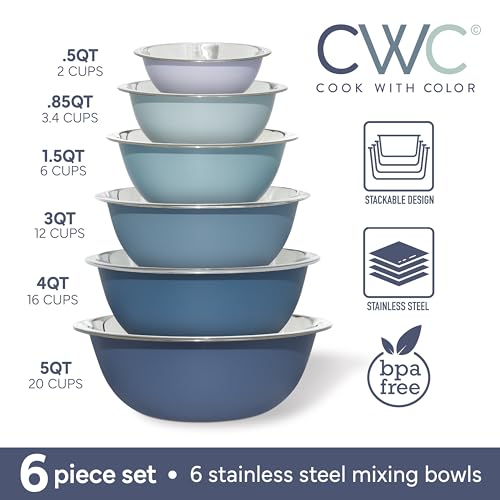 COOK WITH COLOR Stainless Steel Mixing Bowls Set - Nesting Bowls, 6 Pieces, Blue - color: Blue