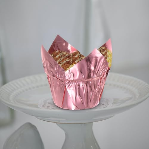 HARFINGTON 50Pcs Tulip Cupcake Liners Standard Aluminum Foil Baking Cups Greaseproof Wrappers Disposable for Birthday Banquets Party, Rose Golden Tone - color: Rose Golden Tone