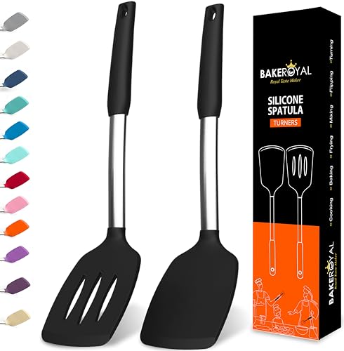 BakeRoyal Silicone Spatula Set - Turner Spatulas Silicone Heat Resistant 600°F - Slotted & Solid Spatula for Cooking Fish, Eggs, Pancakes Flipper – Spatulas for kitchen use – Black - color: Black