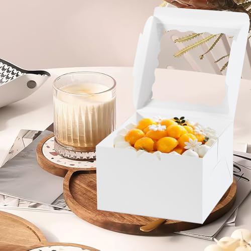 JCD 48pcs Cake Boxes 8x8x5in with Window,White 8 inch Cake Boxes with Boards for Pastries,Cupcakes,Cookies, Pie, Muffins and Donuts(24 Boxes &24 Boards & Stickers & ribbon) (8 * 8 * 5inch/24sets) - size: White 8*8*5inch/24sets