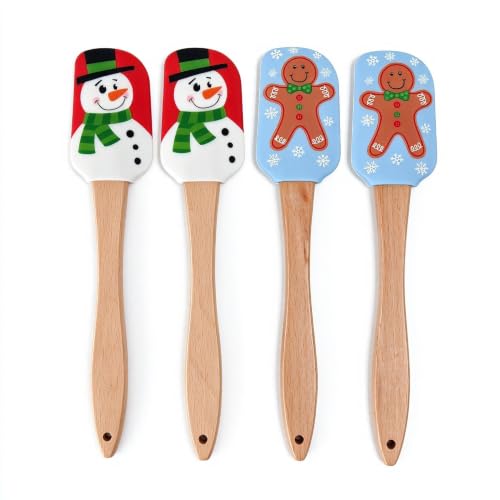 4 PCS Christmas Silicone Spatula Set with Wooden Handle for Baking - size: 4PCS Christmas