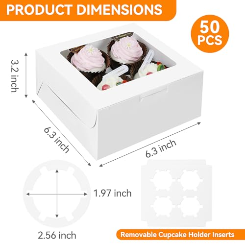 50-Set Cupcake Boxes Bulk with Clear Display Window Hold 4 Standard Cupcakes, Disposable Food Grade White Cupcake Carrier Cupcake Container, Perfect for Cupcakes Muffins Cookies Pastries