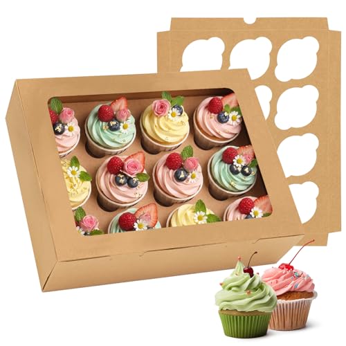 Moretoes 7pcs Cupcake Boxes, 12 Count Cupcake Containers with Window&Insert - color: Brown