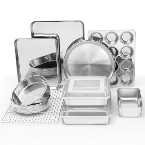 E-far 12-Piece Bakeware Sets, Stainless Steel Baking Pan Set Includes Cookie Sheet, Round Square Rectangle Cake Pans with Lids, Multi-Functional for Loaf Muffin Pizza, Non-toxic & Dishwasher Safe - size: 12-Piece Set