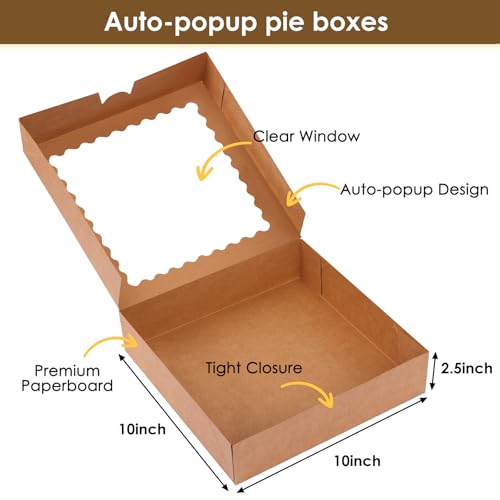 Moretoes 5pcs Auto-Popup Pie Boxes, 10x10x2.5 Bakery Boxes with Window