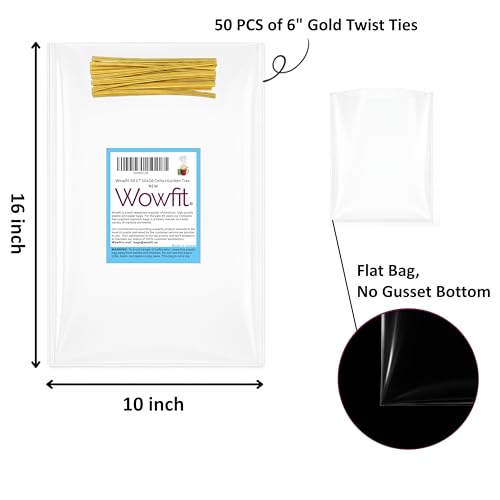 Wowfit 10x16 Large Clear Cellophane Gift Bags, 50 CT, 6" Gold Twist Ties - size: 10x16 Inch (Pack of 50)