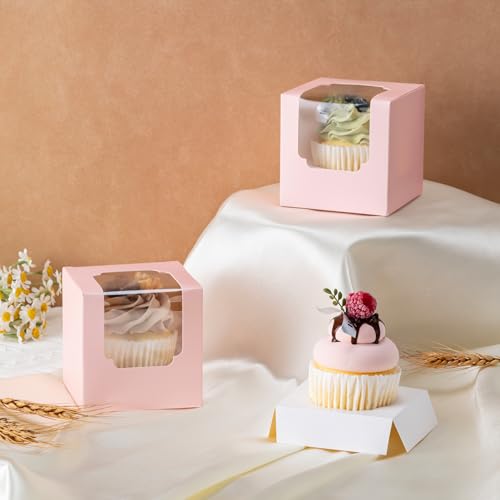 Hoewina 28 PCS Cupcake Boxes, Individual Cupcake Containers with Window - color: Pink