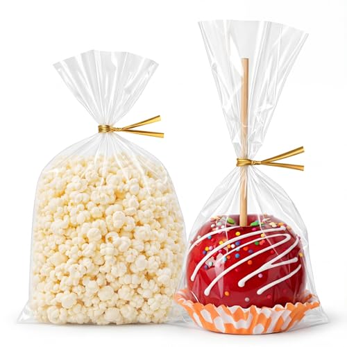 Wowfit 6x10 Clear Cellophane Treat & Goodie Bags, 50 CT, 6" Gold Twist Ties - size: 6x10 Inch (Pack of 50)