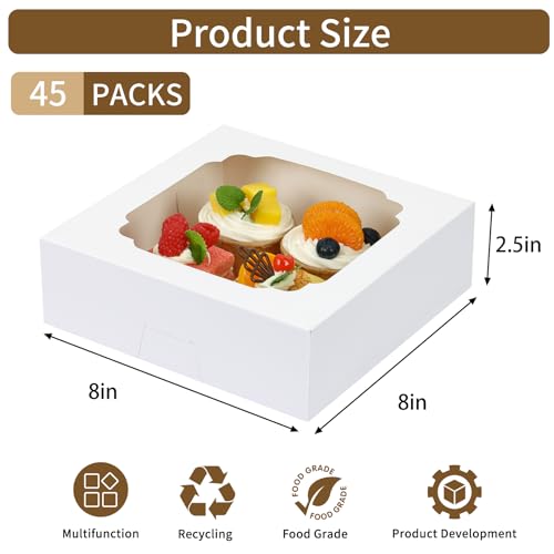 Moretoes 45pcs Bakery Boxes, 8x8x2.5 Inches Cookie Boxes with Window