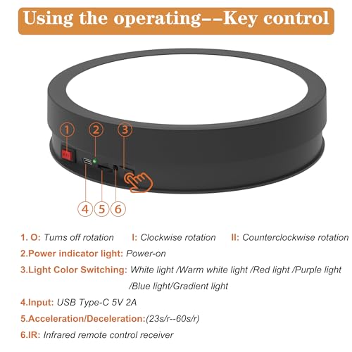 JAYEGT Variety Colors LED Light Base Non-Slip Rotating Display Stand , 66lbs Load, 360 Degree Photography Turntable forProducts Shows, Glass Crystal Artwork, Jewelry，Remote Control (12.6inch / 6Color LED Light /Black / Wired) - color: Black, size: 12.6inc