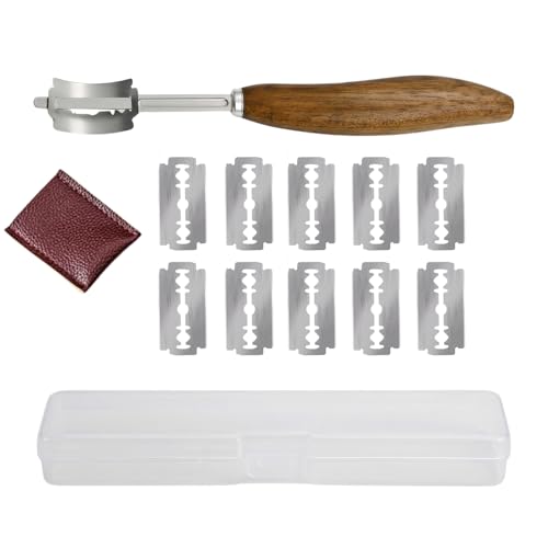 Rosewood Bread Lame for Sourdough Scoring, Ergonomic Curved Wood Handle Bread Slashing Tool with 304 Stainless Steel Stick, Includes Storage Box and 10 Replaceable Blades for Professional Bakers