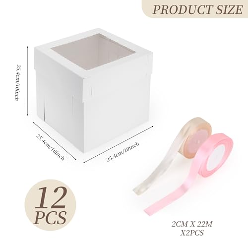 10 inch Tall Cardboard Cake Boxes with Lid, Ribbon, 12 Pcs