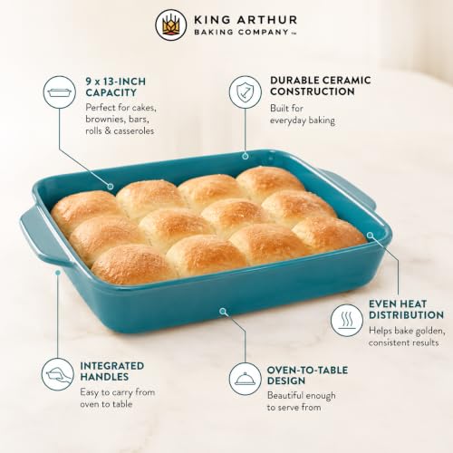 King Arthur Baking Company Rectangular Pan With Handles, Ceramic, Distributes Heat Evenly, 9 x 13-Inch, For Oven-To-Table Cakes, Brownies, Bars, Rolls, And Casseroles - style: Rectangular, 9 x 13-Inch