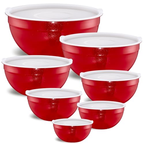 Red Mixing Bowls with Airtight Lids, Stainless Steel Nesting Mixing Bowls Set of 7, Ideal for Baking, Prepping and Serving Food, Size 7, 3.6, 2.7, 2.1, 1.5, 1.1,0.8 QT, Stackable Design - color: Red, size: 7 Pieces