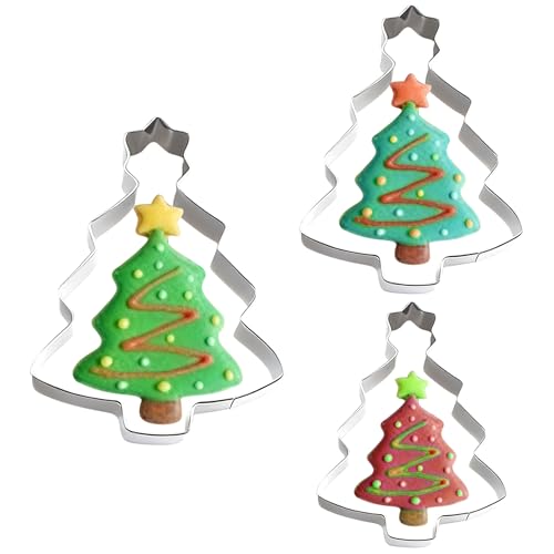 3Pieces Christmas Tree Cookie Cutter Set, Christmas Cookie Cutters, Stainless Steel Biscuit Cutters for Baking Xmas Holiday Party Decorations