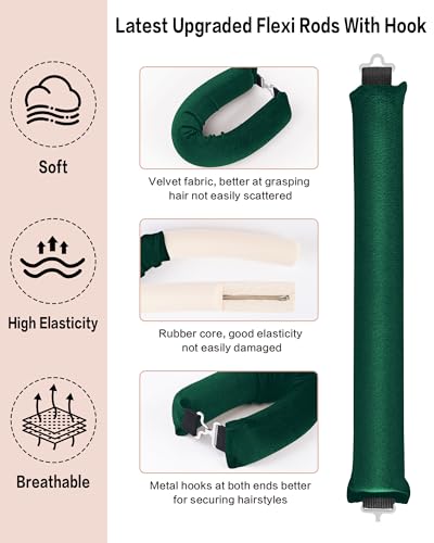 Seritant Heatless Curls Overnight with Satin Head Scarf, Velvet Hair Rollers for Blowout Look, No Heat Curling Rod for Long Thick Hair, Soft Sleep In Flexi Rods - color: Everglade Green