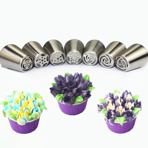7 Pcs Stainless Steel Russian Piping Tips Set Flower Cake Piping Tips Cake Frosting Nozzles Cake Icing Decorating Tips Baking Nozzles
