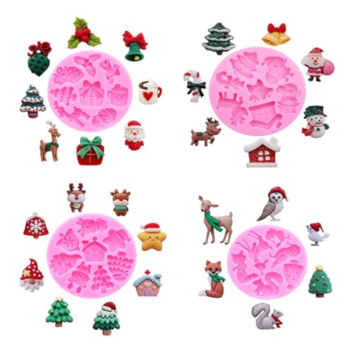 4PCS Christmas Theme Silicone Mold Snowflake Christmas Tree Snowman Bell Creative Baking Chocolate Cake Dessert Decoration Mold DIY Resin Jewelry Accessories Silicone Molds SD-352-378-532-734 - color: Style D