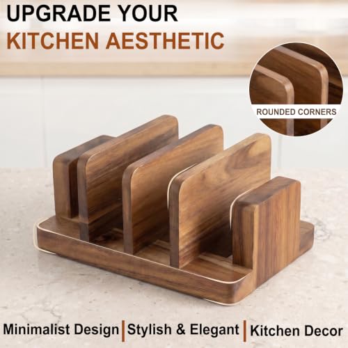 Acacia Wood Cutting Board Holder, 4-Slot Cutting Boards Organizer Storage Rack for Countertop, Wooden Stand for Cutting Boards, Pots, Pans, Lids & Trays | Ideal Housewarming Gift