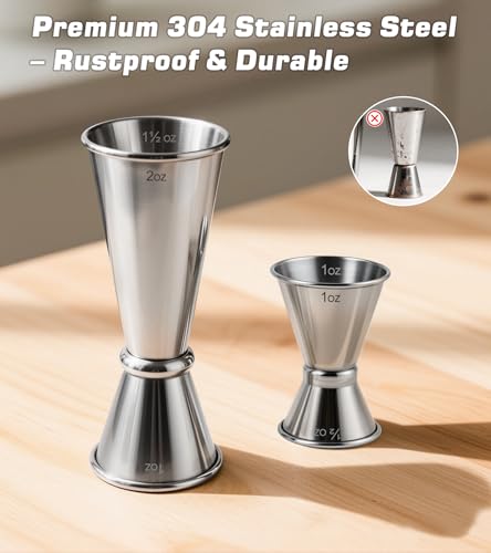 2-Pack Stainless Steel Cocktail Jiggers – Japanese Style Double Measuring Cups for Bartending (1oz/2oz + 0.5oz/1oz) - color: Silver, size: 2 Pack-A