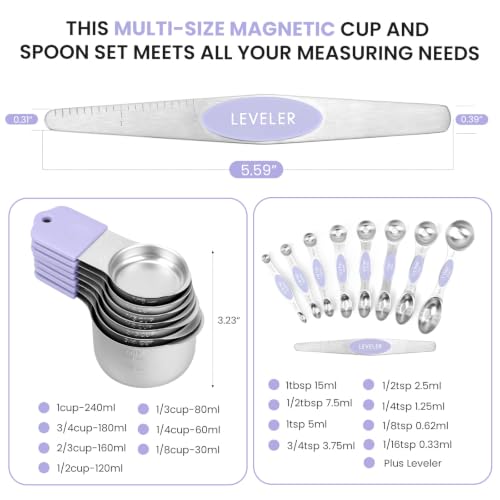 Magnetic Measuring Cups and Spoons Set-Heavy Duty 304 Stainless Steel - color: Lavender
