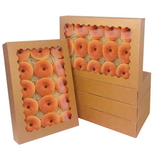qiqee Auto-pop Up 14x10x2.5 Inch Brown Cookie Box with Window 15Pcs Pastry Macaron Bakery Box For Packaging - size: 14 x 10 x 2.5 / 15 Pcs
