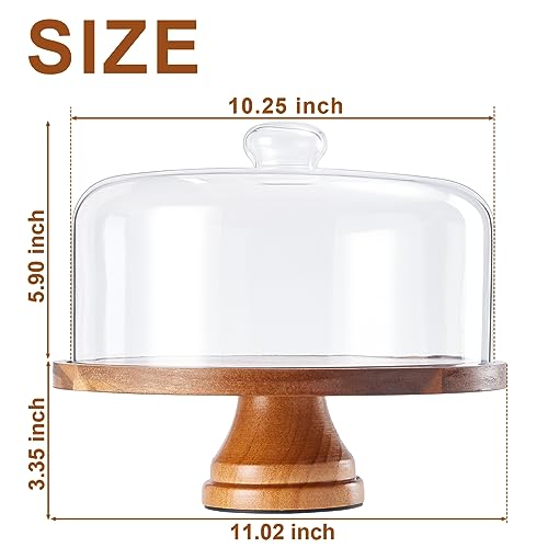 11in Acacia Wood Cake Stand with Lid, Cake Plate with Glass Dome