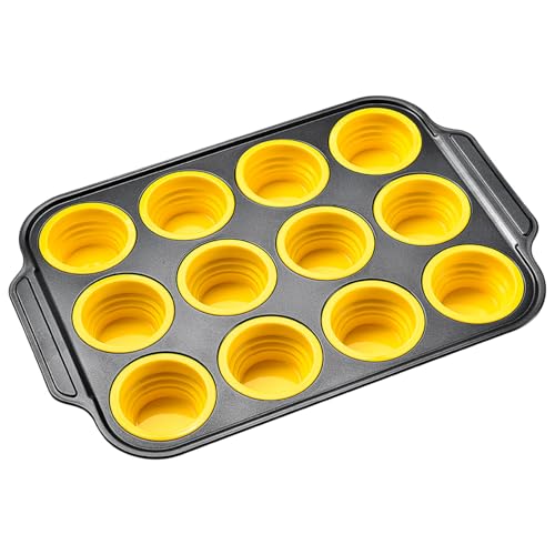 12 Cups Silicone Muffin Pans for Baking with Metal Frame, Egg Bite Molds, Cupcake Pans Regular Size, Muffin Tins Easy to Pop Nonstick Non Toxic Bakeware for Oven Dishwasher Safe - color: 12 Cups Yellow