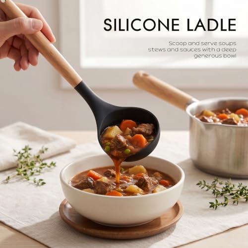 oannao Silicone Cooking Utensils Set Utensil Sets - 446°F Heat Resistant Silicone Kitchen Utensils Set Wooden Handles, Silicone Utensils for Cooking w Holder for Non-Stick Cookware BPA FREE (Black) - color: Black