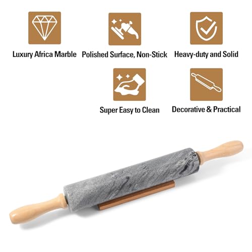 African Natural Marble Rolling Pin, Non-Stick Polished Dough Roller, Pasta, Dumpling, Fondant, Pie Crust, Bread, Pizza Dough, Kitchen Baking Pastry Tools with Mat/Scraper(Monte Grigio) - color: Grey Marble with Pastry Mat