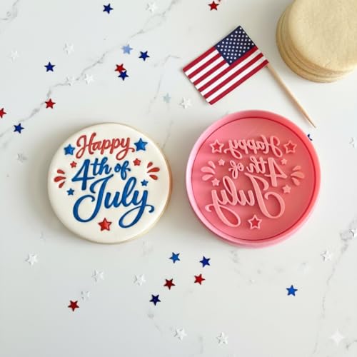 Happy 4th of July 3D Cookie Cutter and Stamp, 3.15-inch American Independence Day Patriotic Relief Circular Mold for Fondant, Crafts, Cold Dough, Cookies, Icing - color: Happy 4th of July