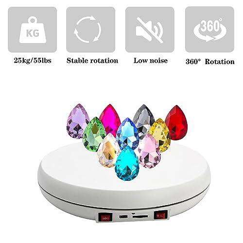 JAYEGT Multicolor LED Light Motorized Rotating Display Stand , 10 inch /55lbs Load, 360° Electronic Photography Turntable for Product Shows, Jewelry, Crystal Art (White / 5 Colors Light / Rechargeable) - color: White