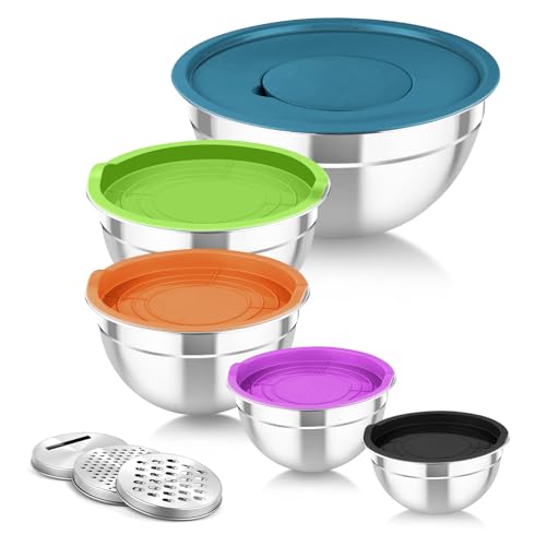 TeamFar Mixing Bowls with Lids, 5PCS Stainless Steel Metal Salad Bowl - color: Multicolor
