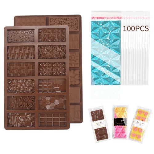 Chocolate Molds, 2Pcs Mini Silicone Chocolate Bar Mold with 100Pcs Bags, Break Apart Non-stick Small Chocolate Candy Bar Molds Wax Melt Molds for Chocolate Bar - size: 0.4Inch-Depth