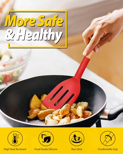 BUNDLEPRO Silicone Spatula, Solid & Slotted Turner, BPA-Free, 2 Pack, Red - color: Red