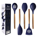 Non-Stick Silicone Kitchen Utensils Set with Natural Acacia Hard Wood Handle, 5 Piece, Midnight Blue, BPA Free, Baking & Serving Silicone Cooking Utensils - color: Midnight Blue