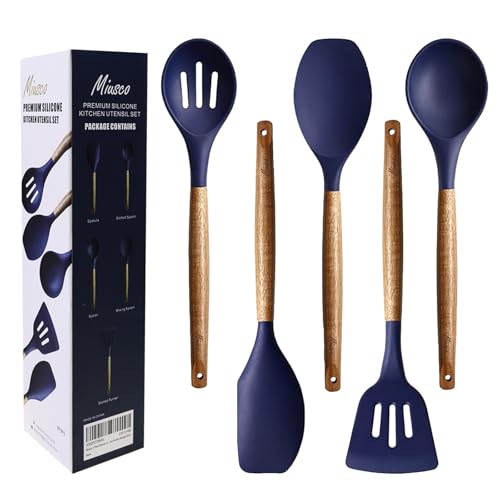 Non-Stick Silicone Kitchen Utensils Set with Natural Acacia Hard Wood Handle, 5 Piece, Midnight Blue, BPA Free, Baking & Serving Silicone Cooking Utensils - color: Midnight Blue