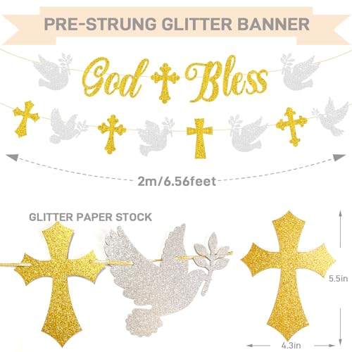 God Bless Banner Cross and Dove Glitter Dots Garland with Cake Topper Honeycomb Balls Set for God Bless Christening Baptism Party Decorations Boys Girls Holy First Communion Décor