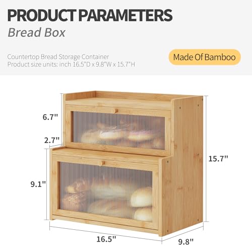 Double Layer Bamboo Bread Box for Kitchen Counter,Bread Holder,Countertop Bread Storage with Window (Natural) - color: Natural