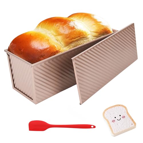 Pullman Loaf Pan with Lid 13x4 Inch, 2.2lb Dough Capacity for Homemade Bread, Non-stick Corrugated Carbon Steel Bread Toast Box with Cover for Bakeware, Sandwich & Toast Oven Baking, Gold - size: 2.2 lb