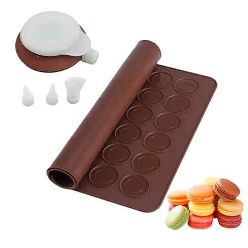 Silicone Macaron Baking Kit, 48 Capacity Macaron Silicone Mat and Decorating Piping Pot with 3 nozzles, Non stick Reusable Macaroon Baking Supplies (Brown)