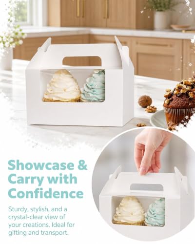 qiqee Cupcake Box Two Holder 6.5x3.6x3.5inch(2.2" Top) 50pcs White 2 Cupcake Boxes With Window - color: White, size: 50Pcs, Two Holder