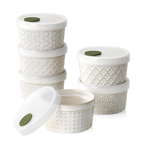 DOWAN Ramekins Oven Safe with Lids 6 oz, Charcuterie Boards Bowls Set for Creme Brulee, Souffle, Dipping Sauces, Custard Cups Ceramic Food Storage Containers, Set of 6, Beige - size: 6 oz