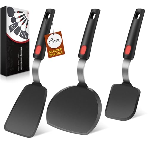 Hotec Silicone Spatula Turner for Nonstick Cookware, Cooking Spatulas 600°F Heat Resistant Large Flexible Rubber Spatula Set of 3, Kitchen Utensils for Flipping Eggs, Burgers, Pancakes, Crepes - color: Black-B