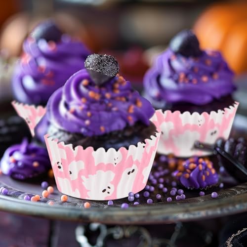 600 Pack Halloween Cupcake Liners Pink Ghost Baking Cups Standard Size Muffin Liners for Halloween Party Candy Cake Decorations Supplies - style: Pink Ghost