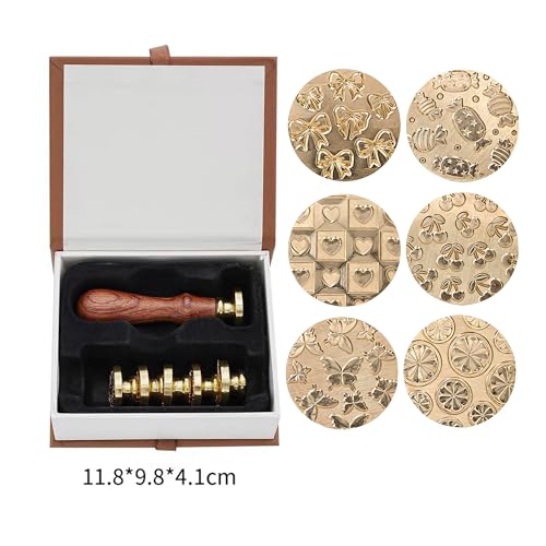 6-Piece Cute Wax Seal Stamp Set – Full-Coverage Pattern Collection with Solid Brass Heads & Wooden Handle – Kawaii Candy Cherry Butterfly Designs for Cards, Envelopes & DIY Crafts