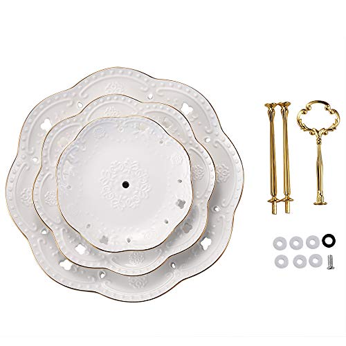 3-Tier Porcelain Embossed Cupcake Stand - Pure White Rimmed with Gold Dessert Cake Stand - Pastry Serving Tray Platter for Tea Party, Wedding and Birthday