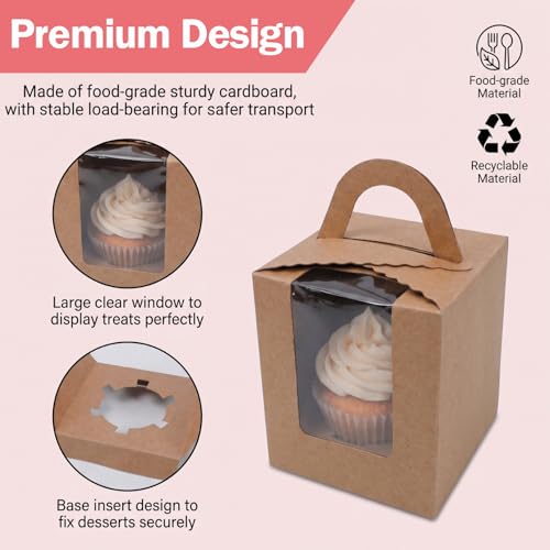 100 Pack Cupcake Boxes Individual, Brown Kraft, 3.7 x 3.7 x 4.3 In