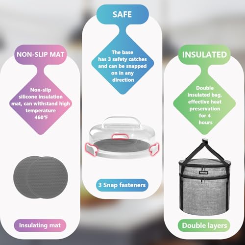 2 Pack Pie Containers with Lids and Handles, Includes Insulated Bags and Non-Slip Heating Pads, BPA Free Pie and Cheesecake Containers, Thanksgiving Gifts - color: Gray