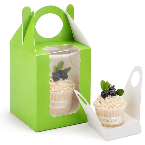 Cupcake Boxes with Window, 50 Pack Single Dessert Gift Boxes with Adjustable Insert Fits 1.7"–3" Cupcakes, Muffins & Cocoa Bombs for Parties, Bake Sales & Baby Showers (Green) - color: Green, size: 50 PCS